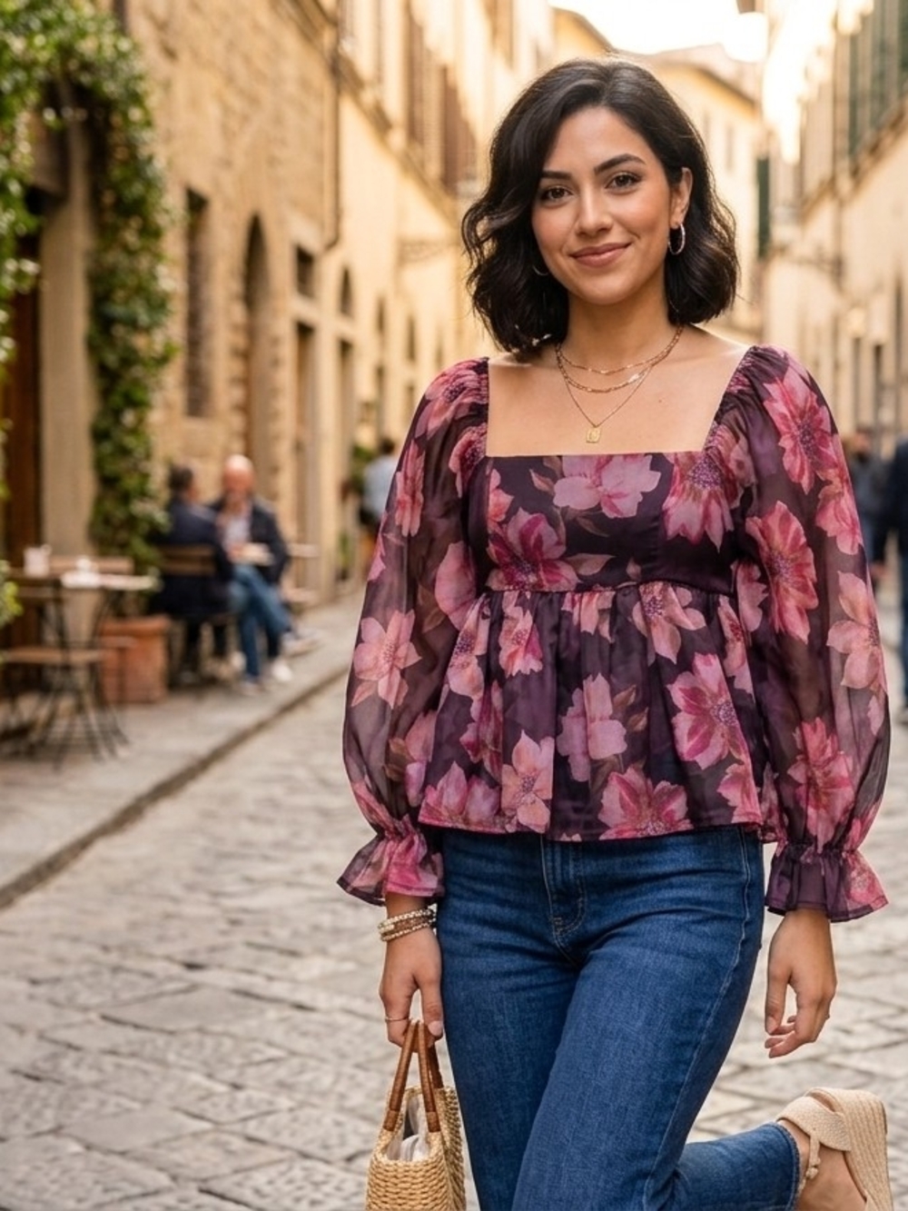 Thirty Thirty LA Women's Floral Chiffon Smocked Square Neck Puff Sleeve Blouse S